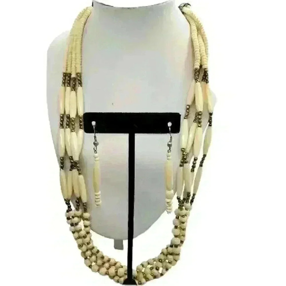 Vintage Native Carved Bead Necklace Earrings Gold Multi Strand Set Lucite - Picture 1 of 13